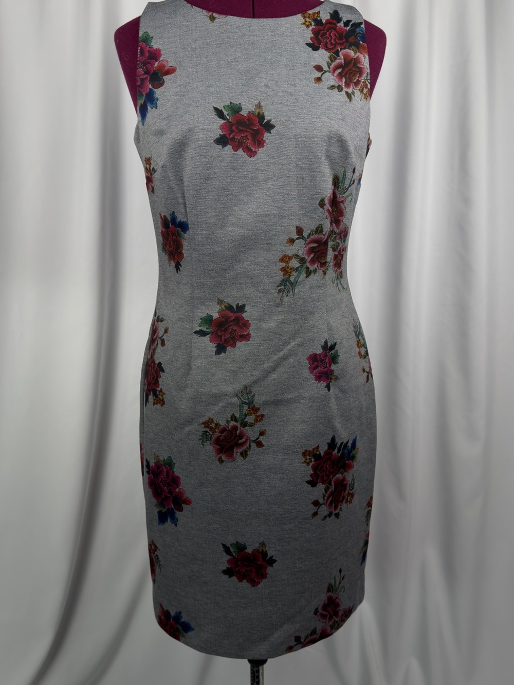 Gray Floral Sheath Dress with Pink Rose Print